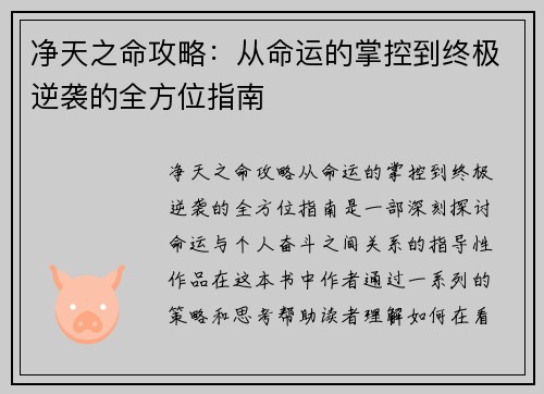 净天之命攻略：从命运的掌控到终极逆袭的全方位指南